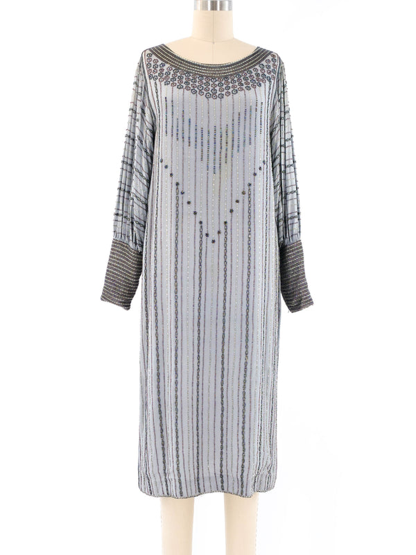 Grey Bead Embellished Striped Dress Dress arcadeshops.com