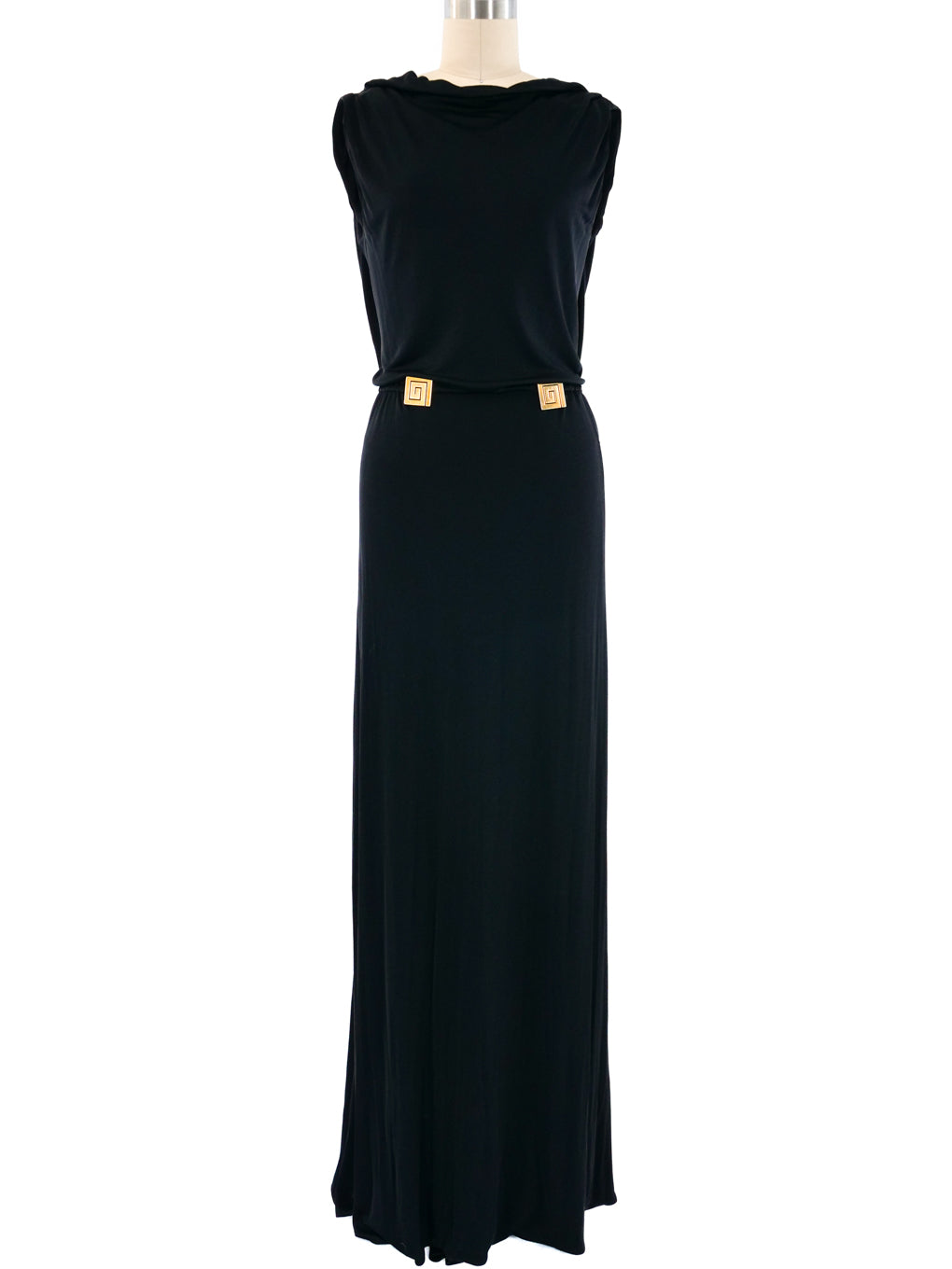 black dress with neck scarf Gianni Versace Greek Key Detailed Gown