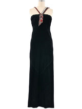 1970's Bead Accented Suede Halter Gown Dress arcadeshops.com
