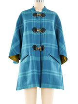 Leather Trimmed Turquoise Plaid Wool Coat Jacket arcadeshops.com