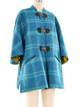 Leather Trimmed Turquoise Plaid Wool Coat Jacket arcadeshops.com