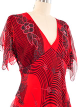 Zandra Rhodes Hand Painted Floral Ruffle Dress Dress arcadeshops.com