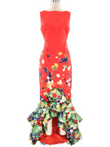 Oscar de la Renta Floral Printed Silk Ruffle Gown Dress arcadeshops.com