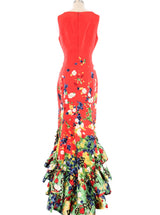 Oscar de la Renta Floral Printed Silk Ruffle Gown Dress arcadeshops.com