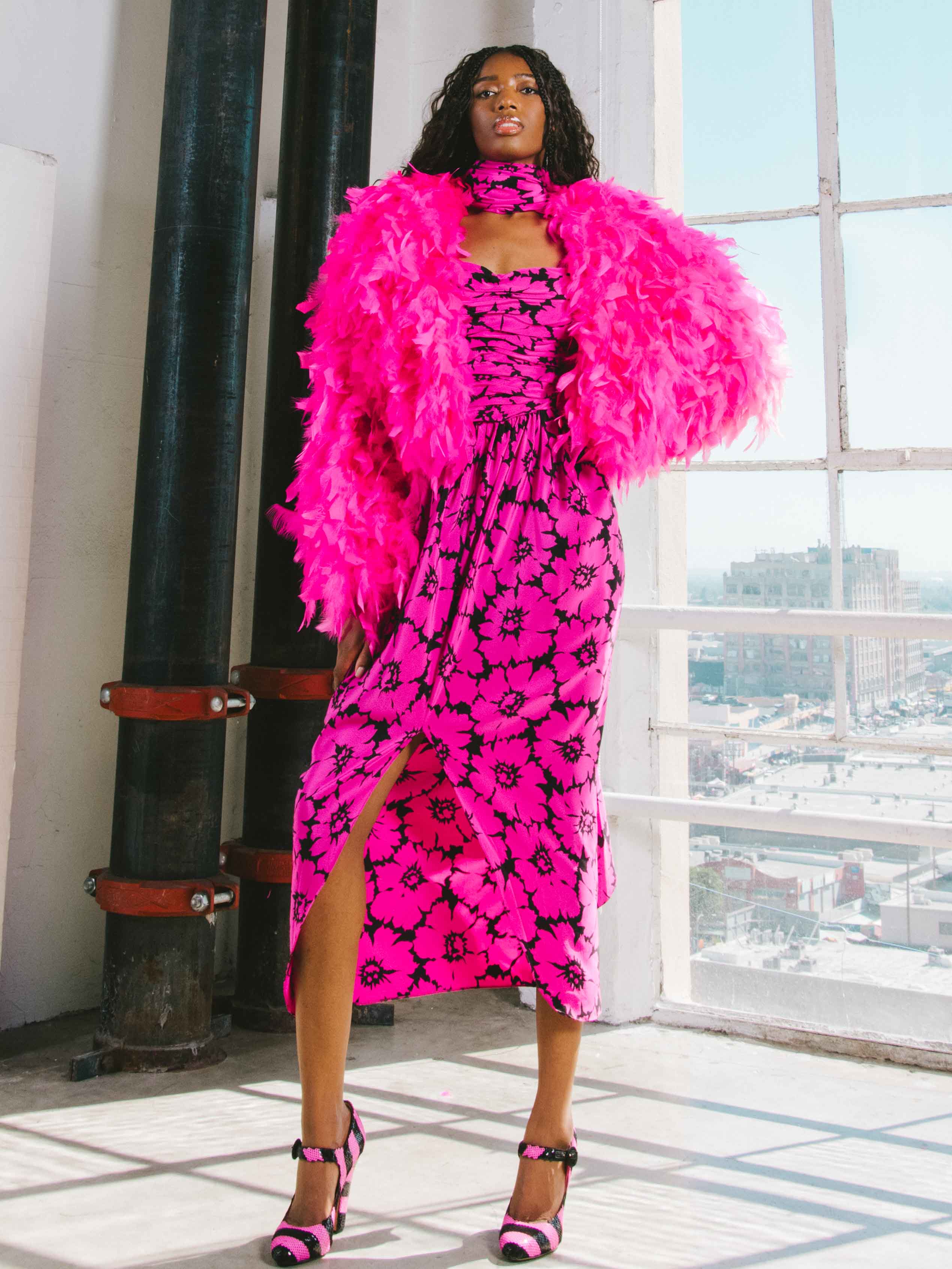 Oscar de la Renta Fuchsia Floral Ruffle Gown