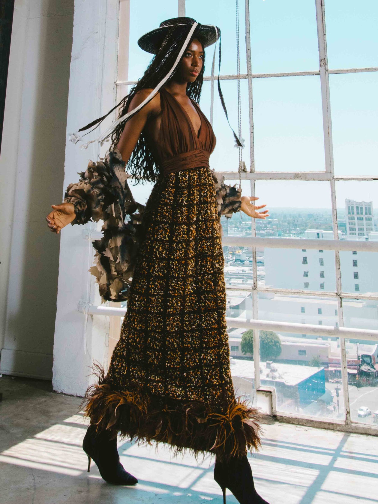 1970s Alfred Bosand Feather Trimmed Tweed Gown