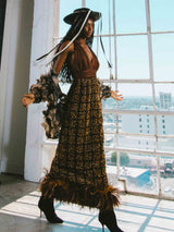 1970s Alfred Bosand Feather Trimmed Tweed Gown Dress arcadeshops.com