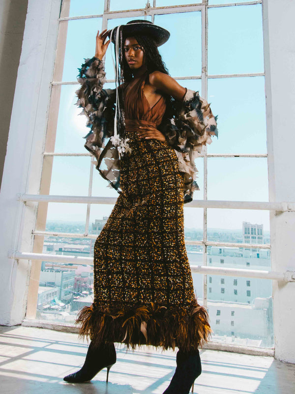 1970s Alfred Bosand Feather Trimmed Tweed Gown Dress arcadeshops.com