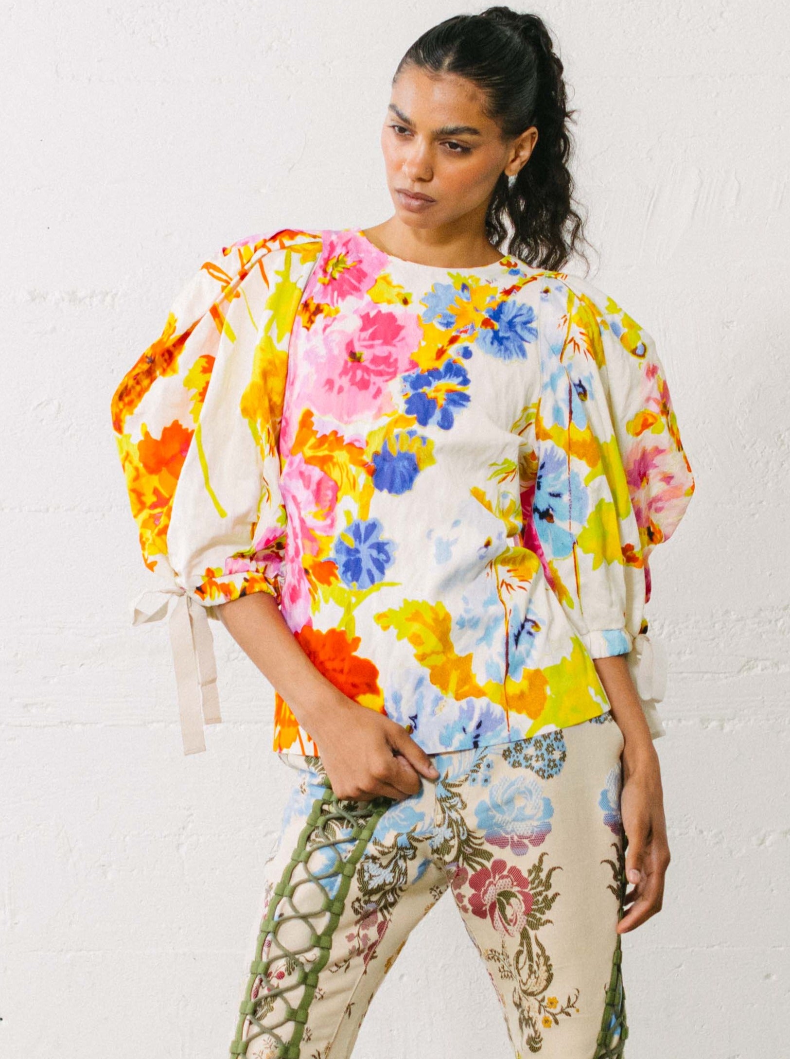 2020 Dries Van Noten X Christian Lacroix Floral Puff Sleeve Top
