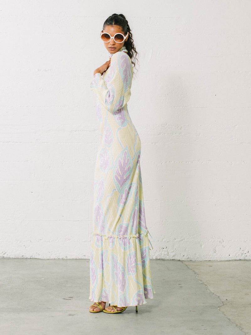 Mary McFadden Printed Dimensional Pleated Maxi Dress Dress arcadeshops.com