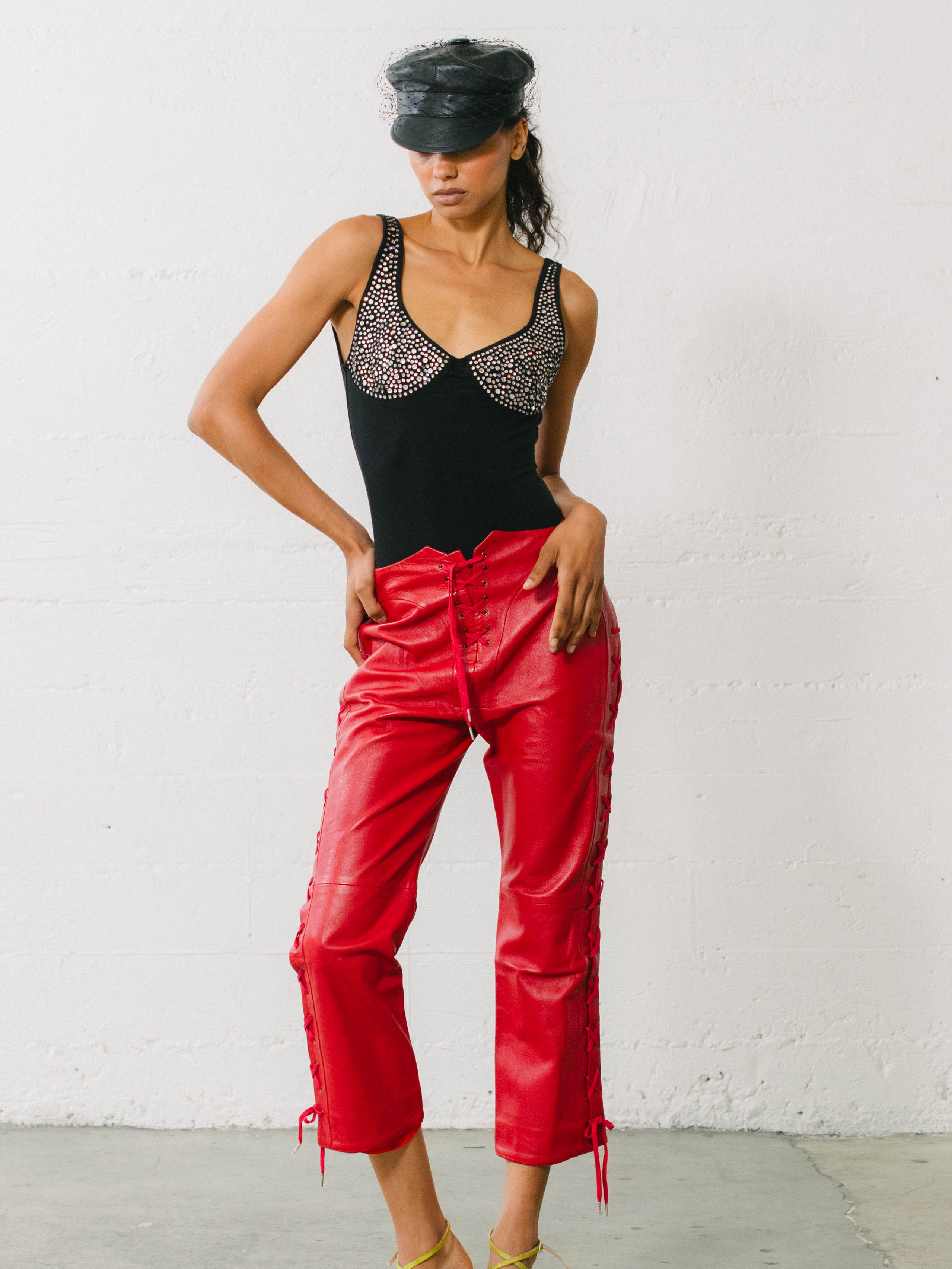 2002 Alexander McQueen Ultra-Low Rise Red Leather Pants