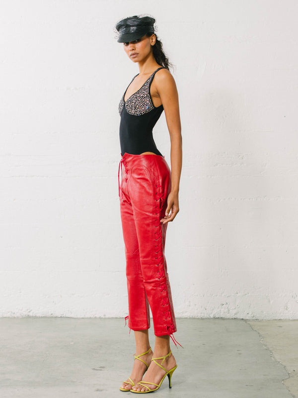 2002 Alexander McQueen Ultra-Low Rise Red Leather Pants Bottom arcadeshops.com