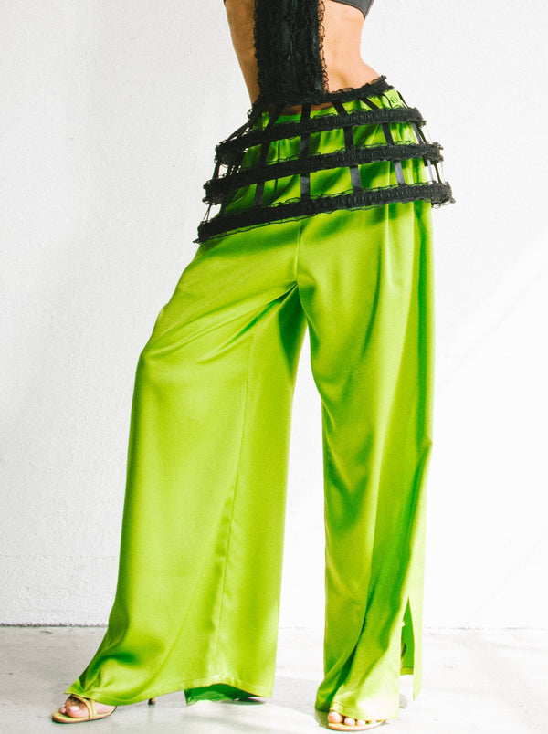 Yves Saint Laurent Green Satin Split Leg Pants Bottom arcadeshops.com