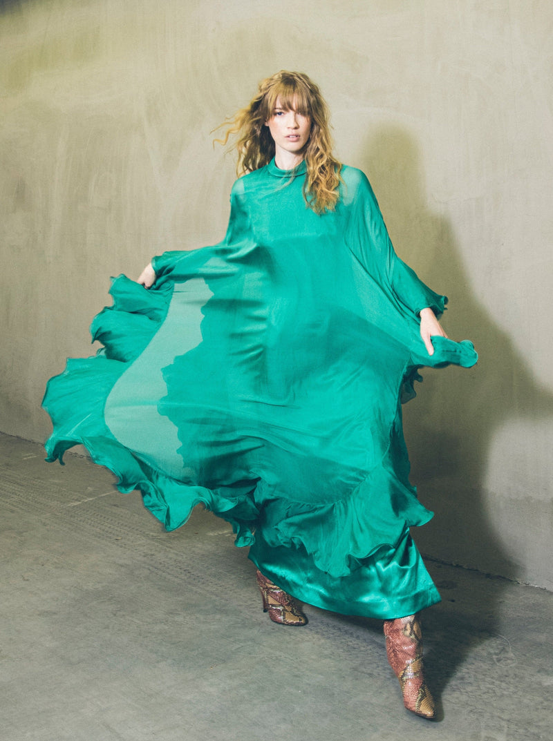 Emerald Green Silk Chiffon Ruffle Gown Dress arcadeshops.com