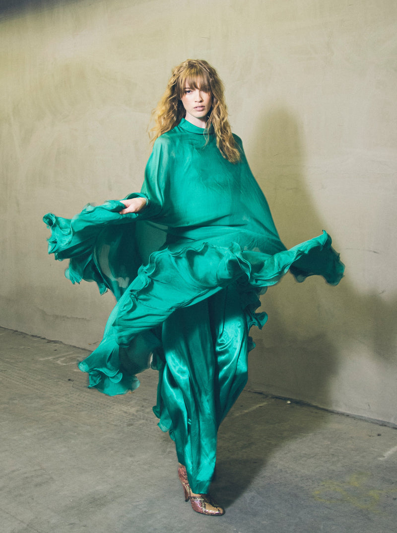 Emerald Green Silk Chiffon Ruffle Gown Dress arcadeshops.com