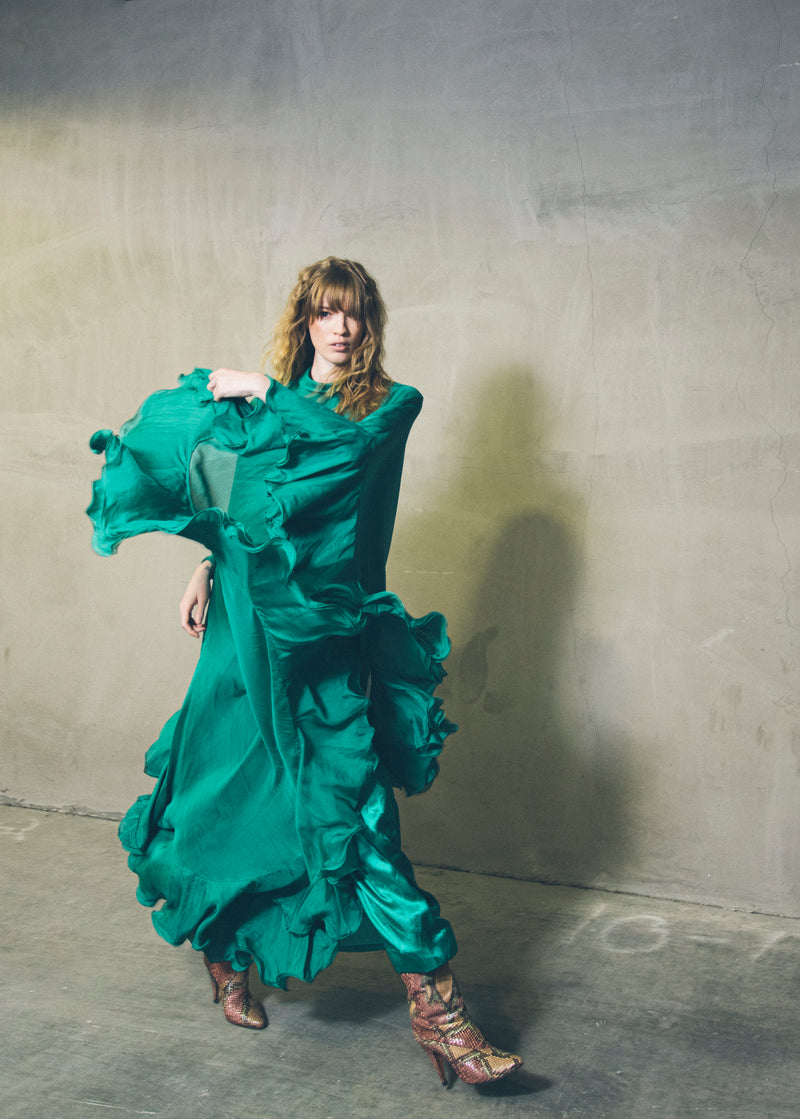 Emerald Green Silk Chiffon Ruffle Gown Dress arcadeshops.com