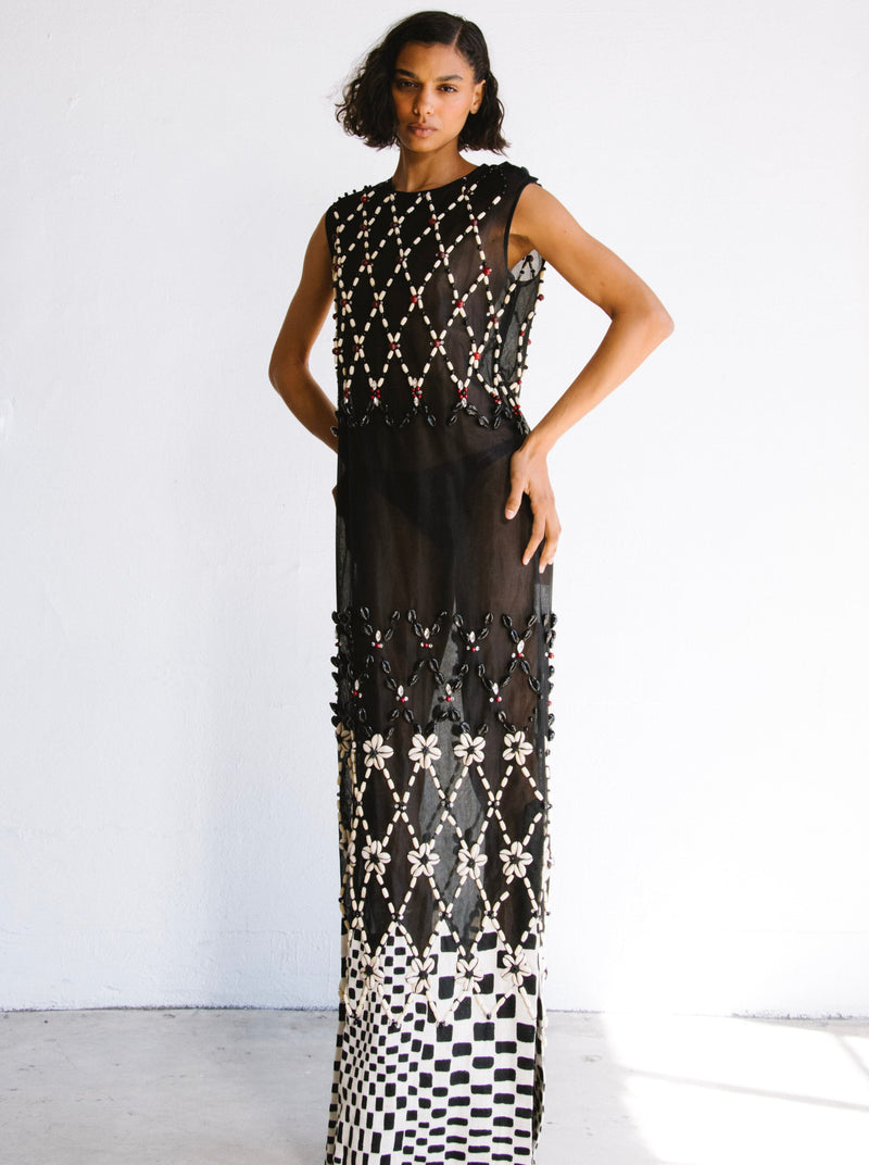 2001 Gianfranco Ferre Beaded Shell Organza Maxi Dress Dress arcadeshops.com