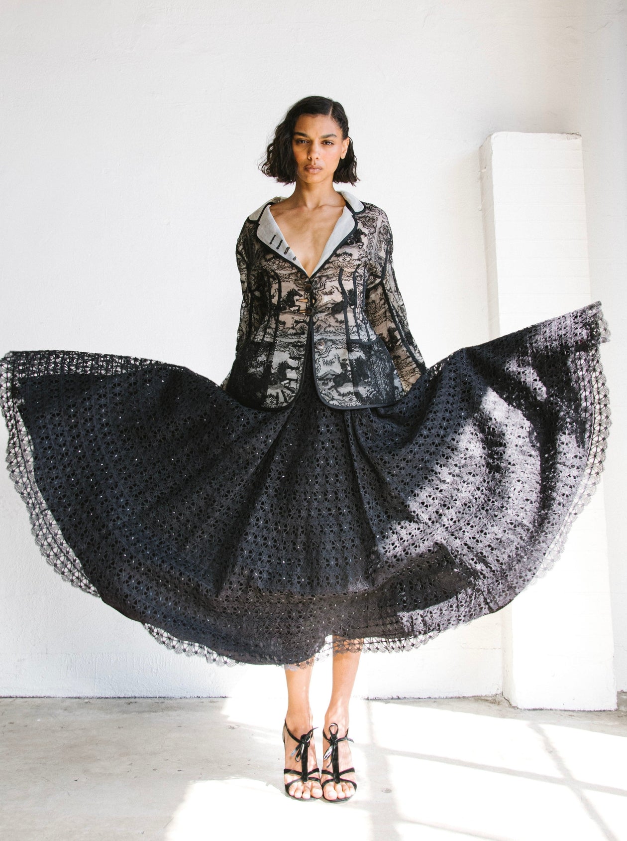 Black Embellished Lace Midi Skirt