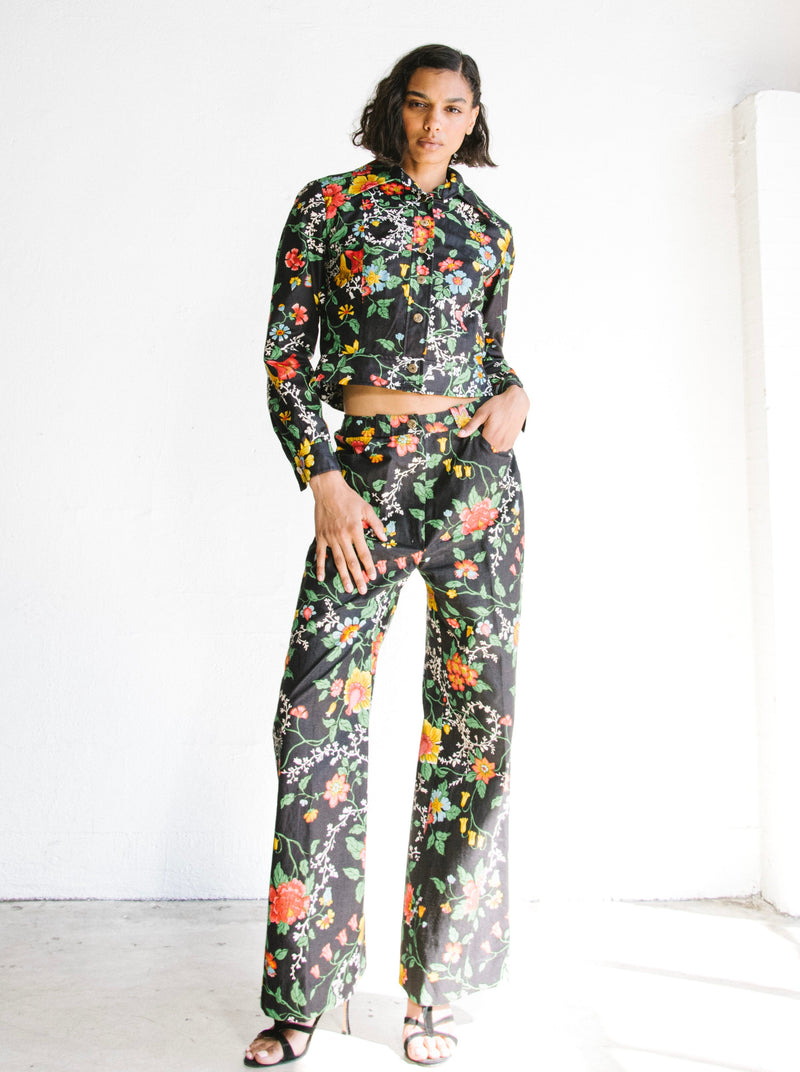 1970s Black Floral Cotton Suit Suit arcadeshops.com