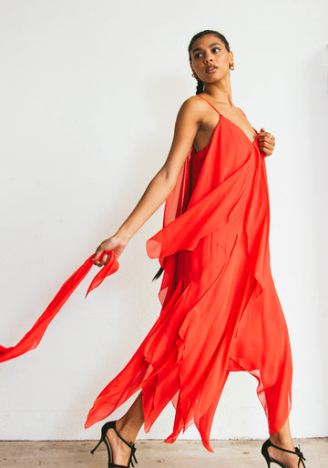 strapless open back dress 1969 Bill Blass Red Chiffon Dress