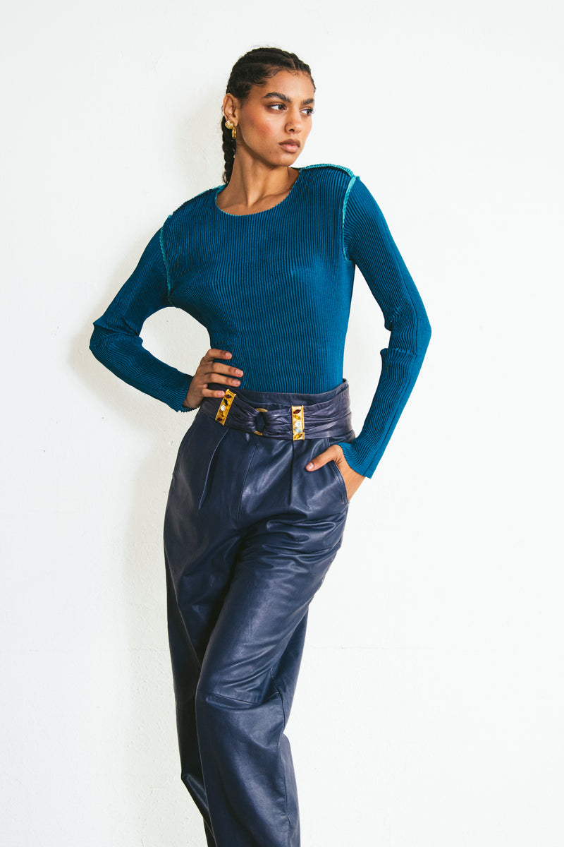 Issey Miyake Teal Plisse Pleat Long Sleeve Top Top arcadeshops.com