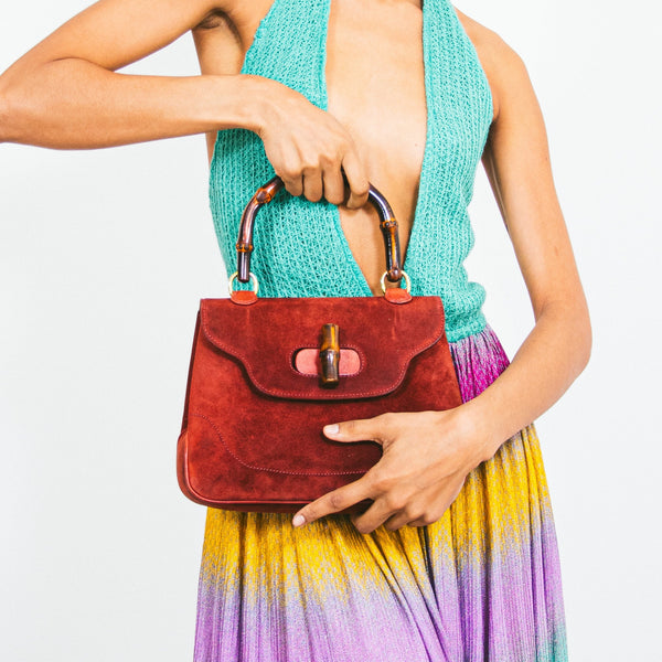 1970s Gucci Rust Suede Bamboo Handle Bag