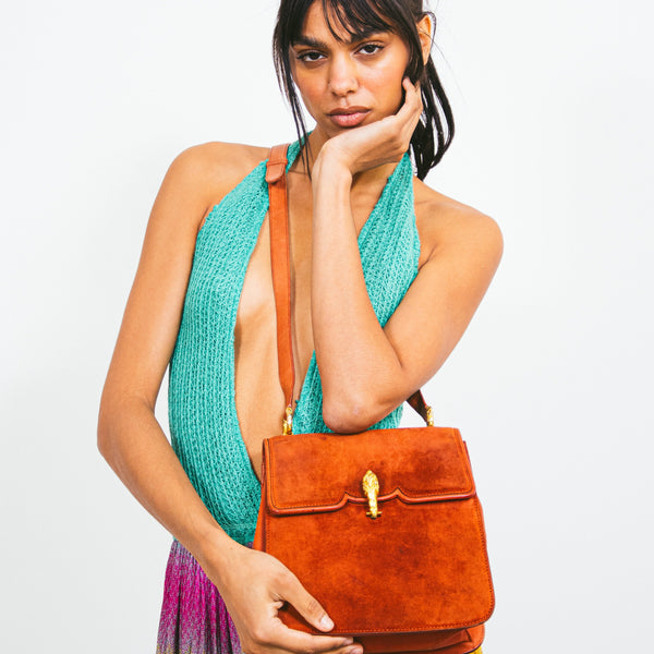 1960s Gucci Suede Tiger Clasp Shoulder Bag