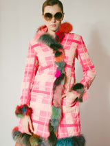 Voyage Pink Plaid Fur Trimmed Coat