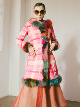 Voyage Pink Plaid Fur Trimmed Coat