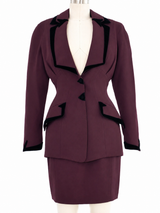 1993 Thierry Mugler Burgundy Velvet Trimmed Skirt Suit
