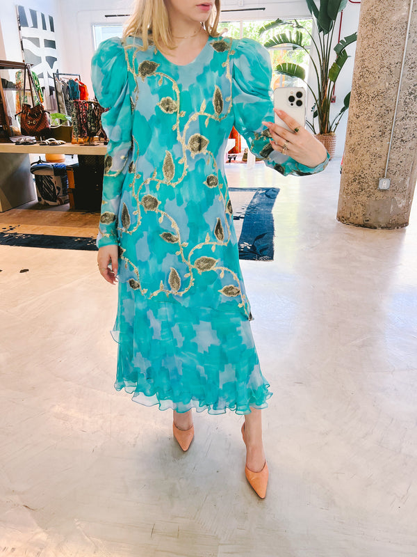 Turquoise Silk Chiffon Flutter Dress Dress arcadeshops.com