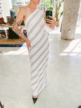Pauline Trigere One Shoulder Linen and Lace Gown Dress arcadeshops.com