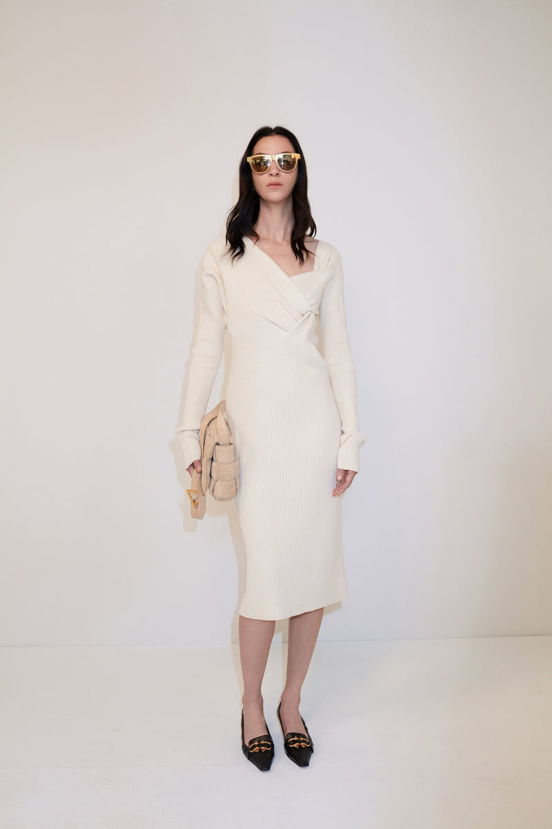 2020 Bottega Veneta Cream Draped Knit Sweater Dress Dress arcadeshops.com