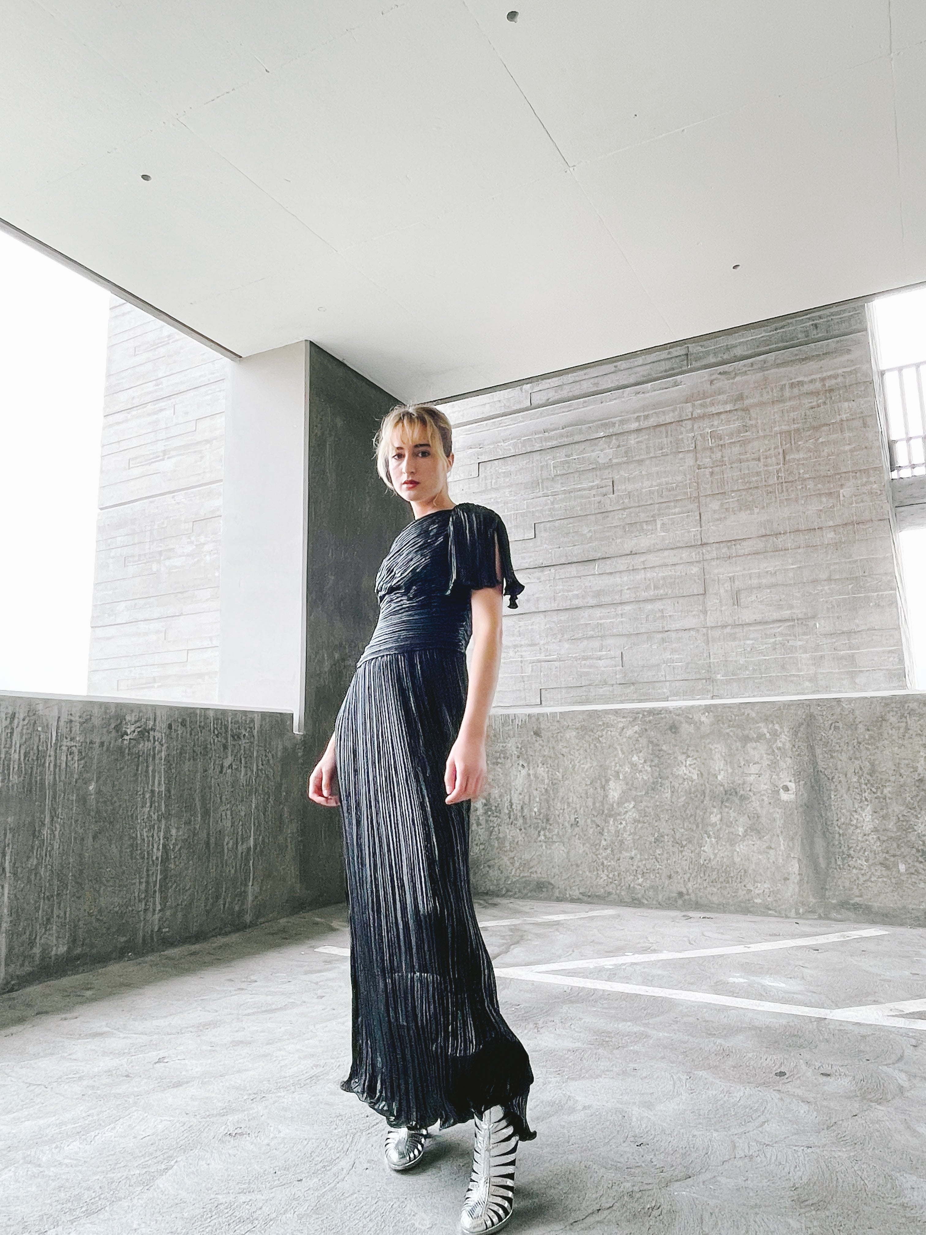 Alfred Bosand Plisse Pleat One Shoulder Gown