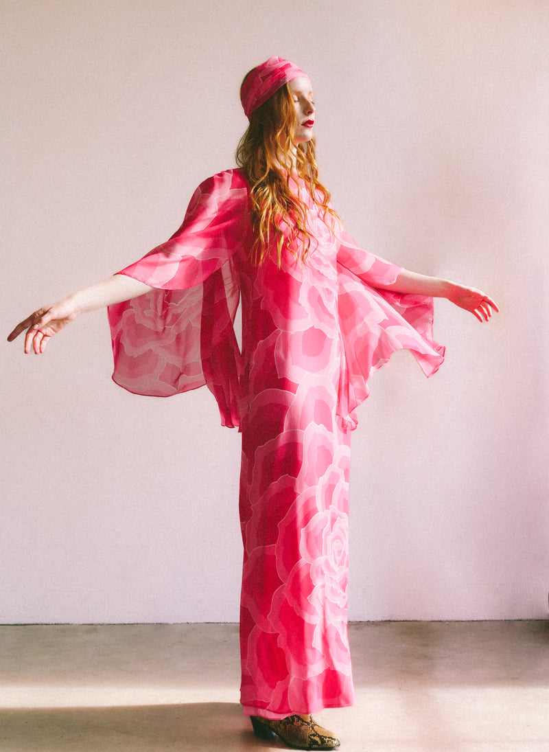 Hanae Mori Rose Printed Silk Caftan Dress arcadeshops.com