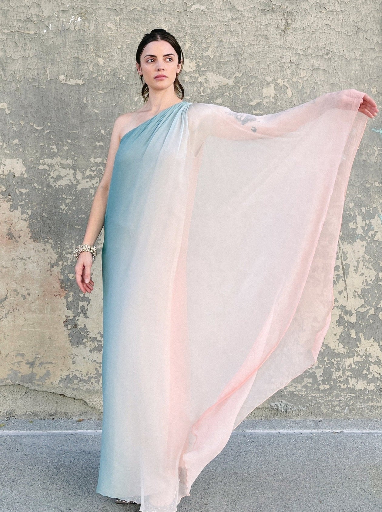 Ombre One Shoulder Silk Chiffon Gown