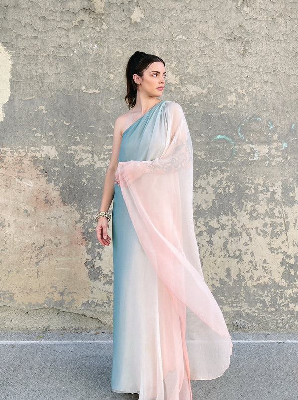 Ombre One Shoulder Silk Chiffon Gown Dress arcadeshops.com