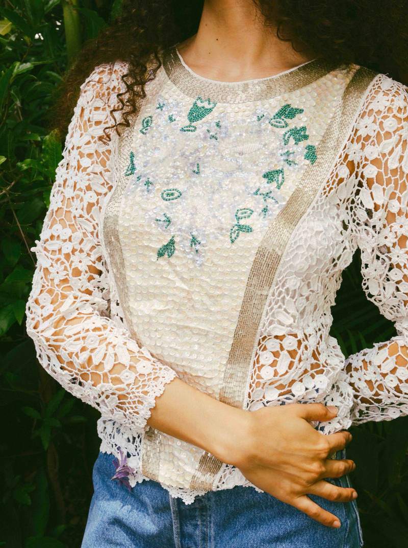 Sequin Embellished Lace Crochet Top Top arcadeshops.com