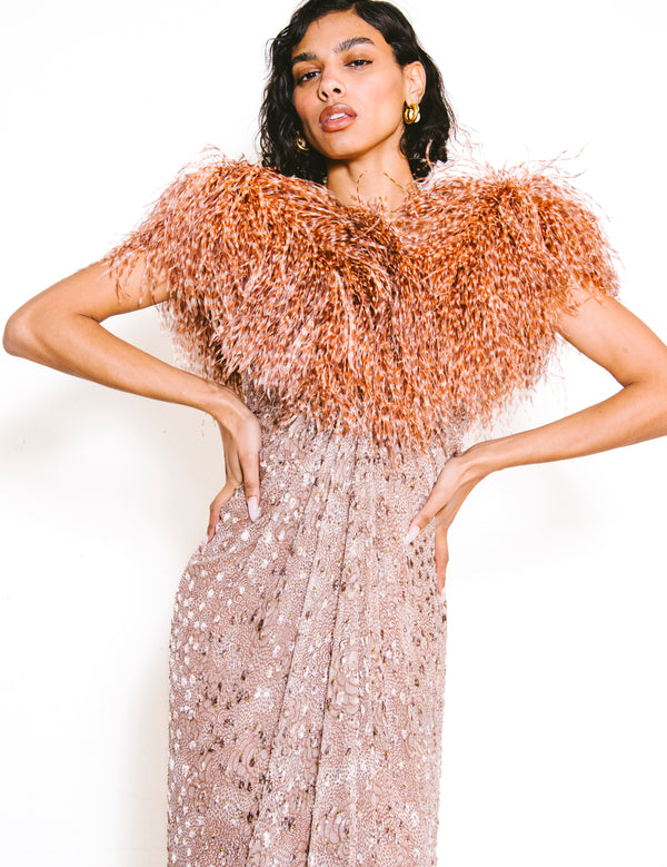 Ruben Panis Ostrich Feather Trimmed Gown Dress arcadeshops.com