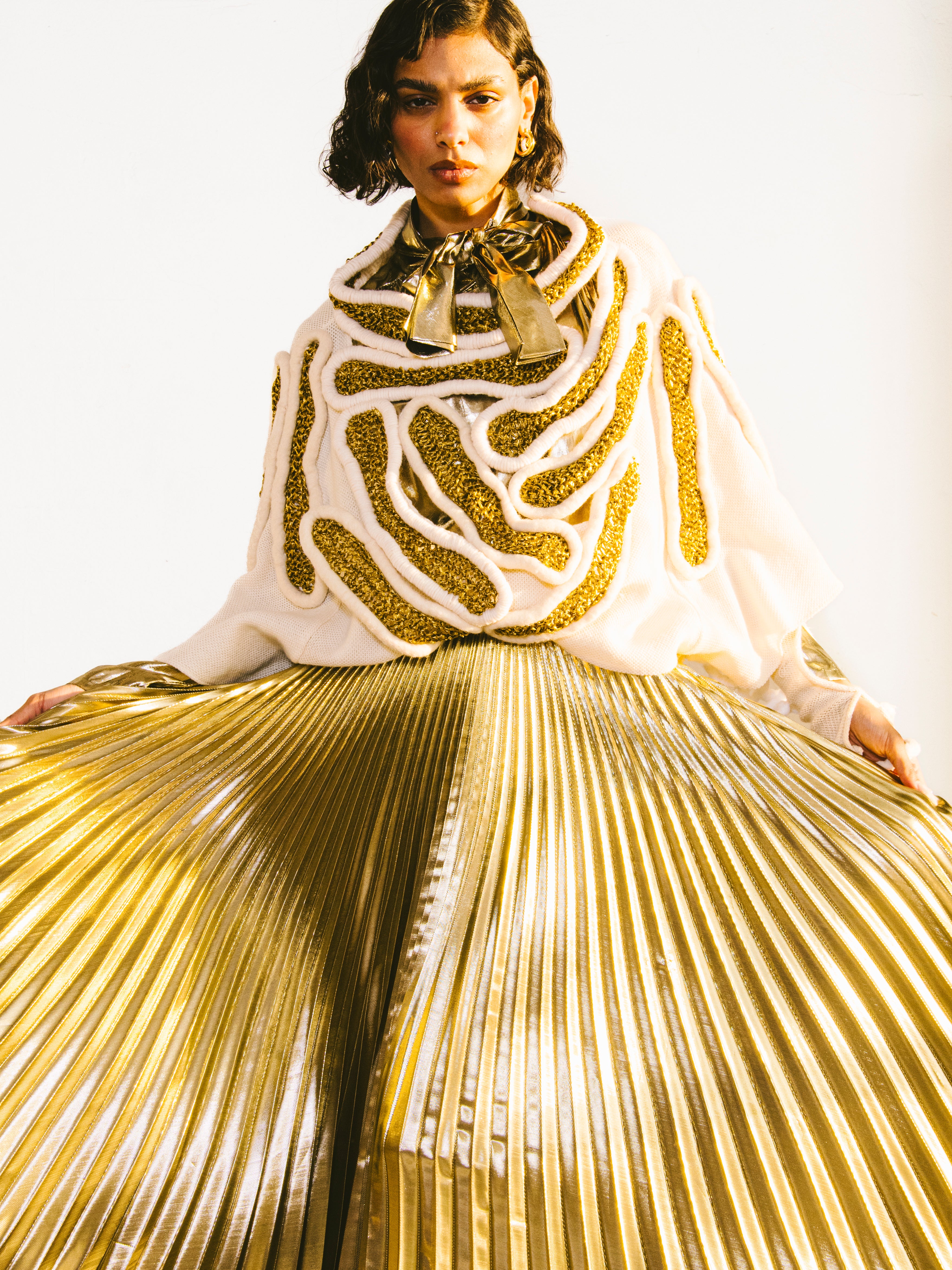 Accordion Pleated Gold Lame Skirt