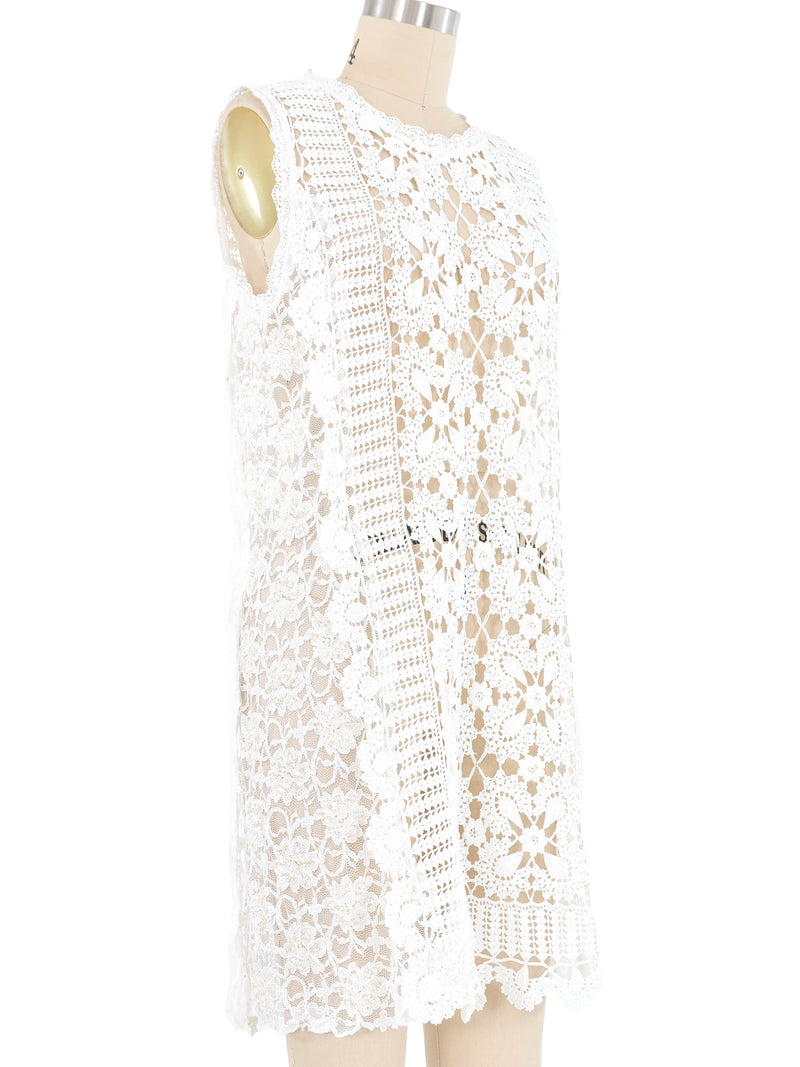 White Floral Embellished Crochet Shift Dress Dress arcadeshops.com