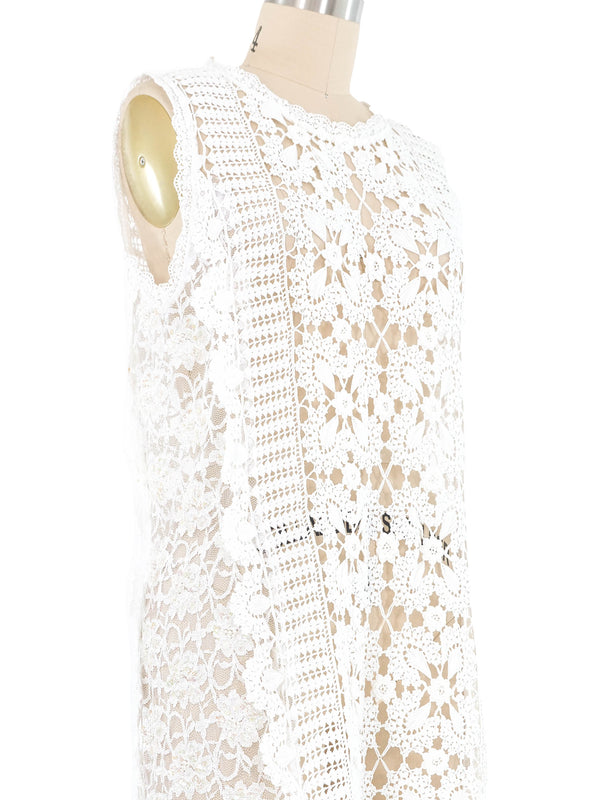 White Floral Embellished Crochet Shift Dress Dress arcadeshops.com