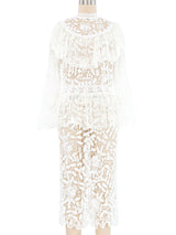 White Lace Ruffle Floral Crochet Midi Dress Dress arcadeshops.com