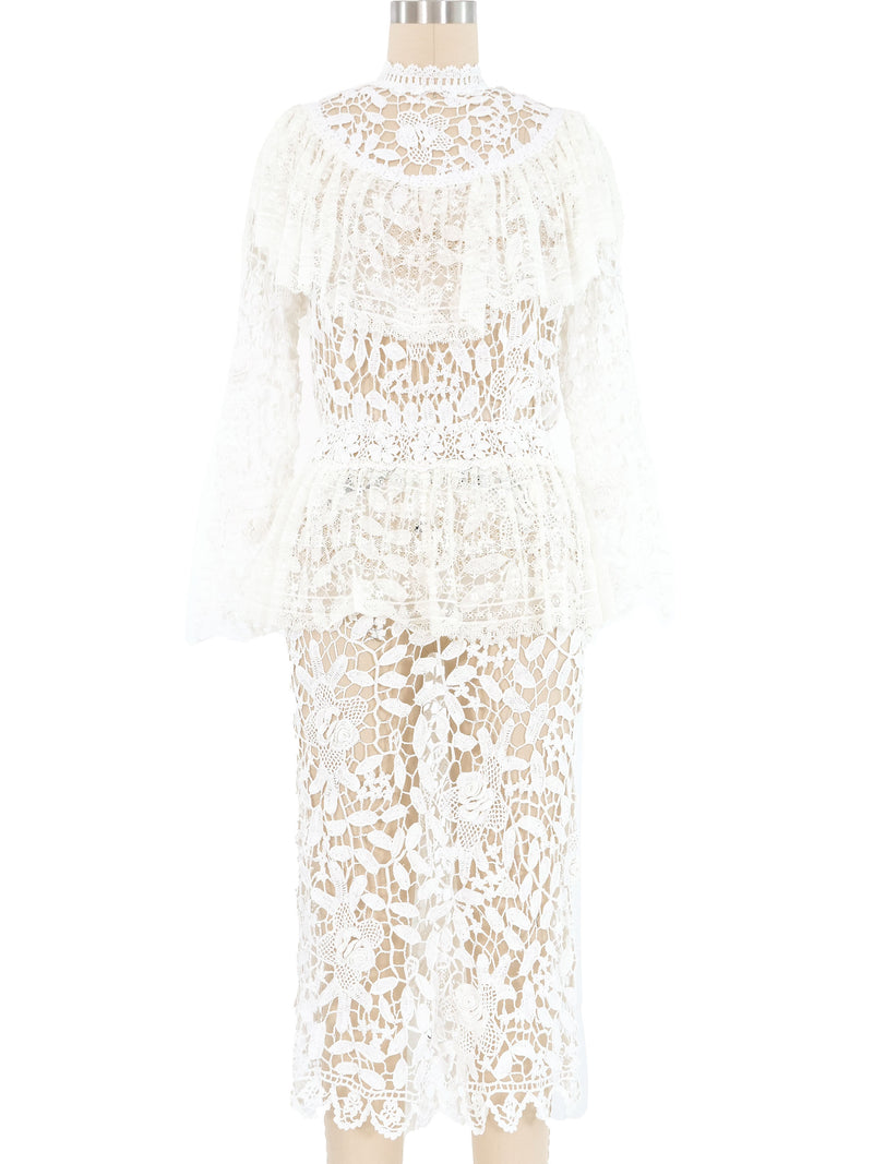 White Lace Ruffle Floral Crochet Midi Dress Dress arcadeshops.com