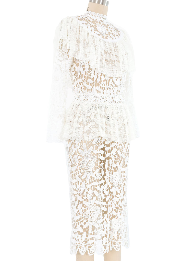 White Lace Ruffle Floral Crochet Midi Dress Dress arcadeshops.com