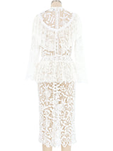 White Lace Ruffle Floral Crochet Midi Dress Dress arcadeshops.com