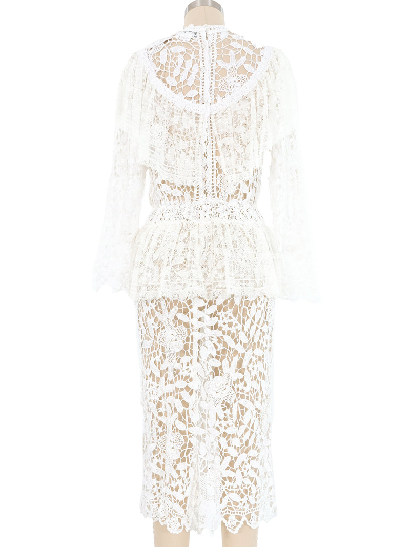 White Lace Ruffle Floral Crochet Midi Dress Dress arcadeshops.com