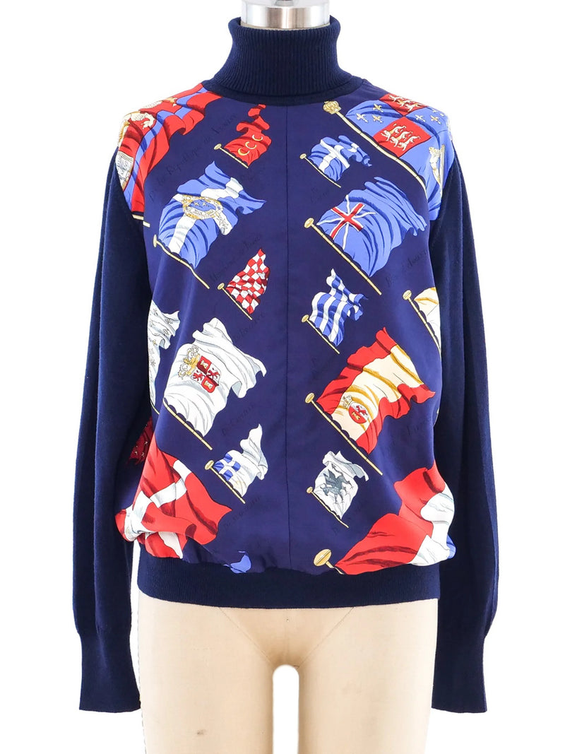 Hermes Pavois Flag Printed Silk Panel Sweater Top arcadeshops.com