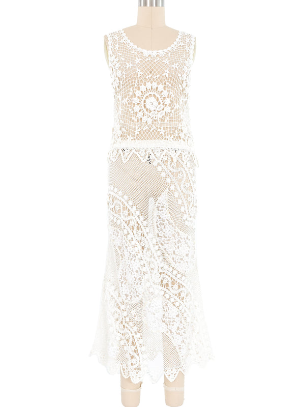 White Floral Pearl Embellished Crochet Maxi Dress Dress arcadeshops.com