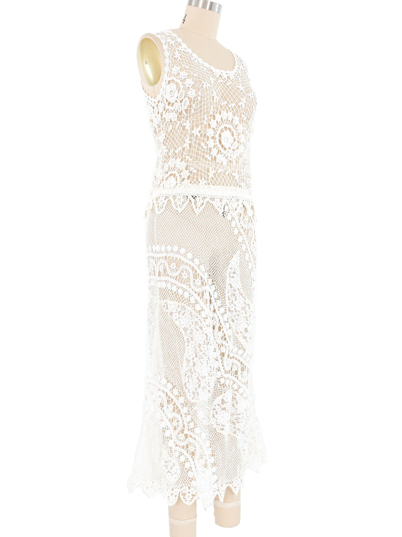 White Floral Pearl Embellished Crochet Maxi Dress Dress arcadeshops.com